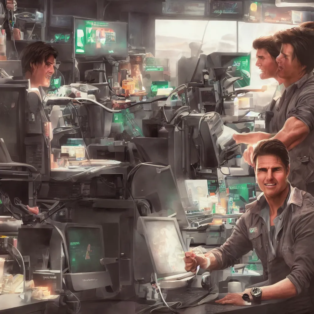 Image similar to Tom Cruise working as a 7/11 cashier, hyperdetailed, artstation, accurate, octane render, 8k, HD