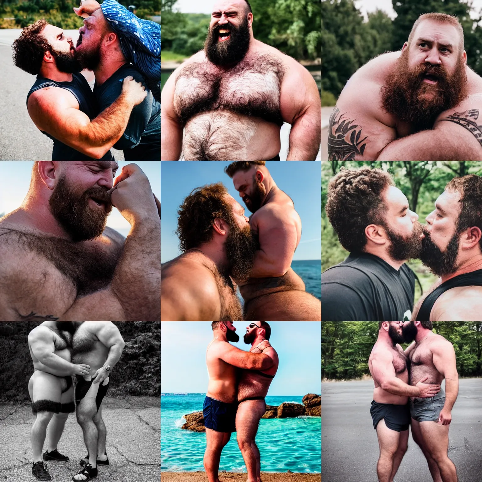 Prompt: burly hairy strongmen kissing, dad energy, wholesome, summer vibes, photography