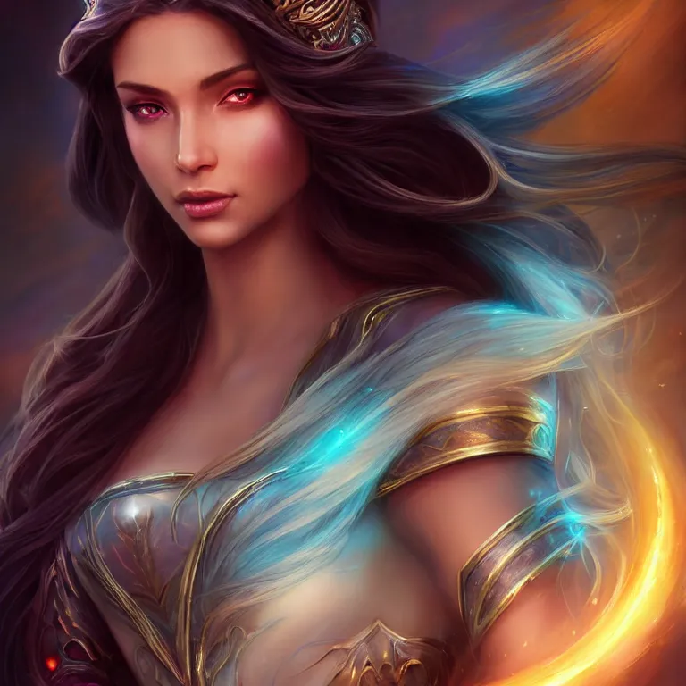 Image similar to beautiful cinematic fantasy poster, a beautiful princess goddess like princess jasmine with flowing illuminated hair, beautiful glowing galaxy eyes, wideshot ultrawide angle epic scale, hybrid from The Elden Ring and art direction by Darius Zawadzki ;by artgerm; wayne reynolds art station; cinematic quality character render; low angle; ultra high quality model; production quality cinema model;