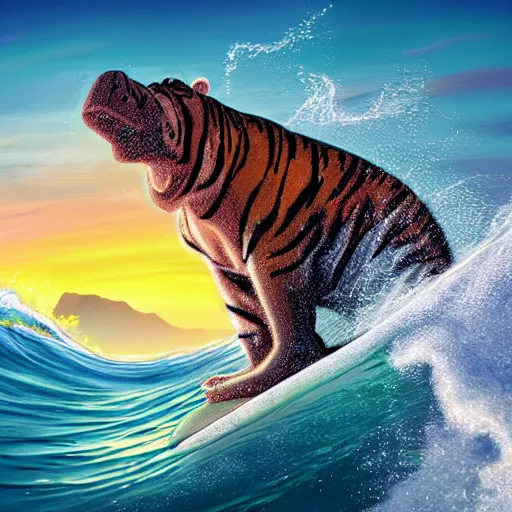 Prompt: a closeup photorealistic photograph of a happy tiger hippopotamus surfing a large wave during sunset. surf in the background. professional capture. brightly lit scene. this 4 k hd image is trending on artstation, featured on behance, well - rendered, extra crisp, features intricate detail, epic composition and the style of unreal engine.