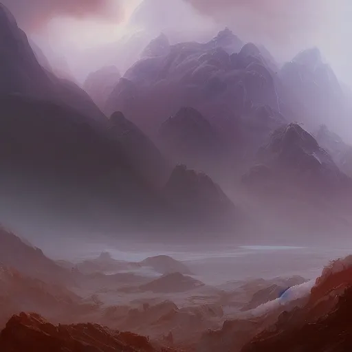 Image similar to oil painting of cinematic mountains with a cloudy sky filled with swirling fog, Greg Rutkowski, morning lighting, mystical, fantasy