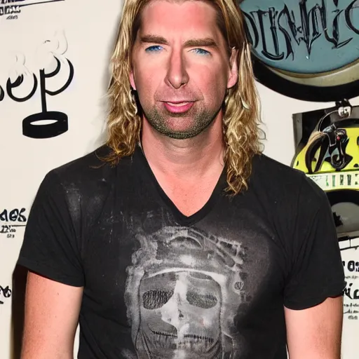 Image similar to chad robert kroeger of nickelback looking at a mystery object