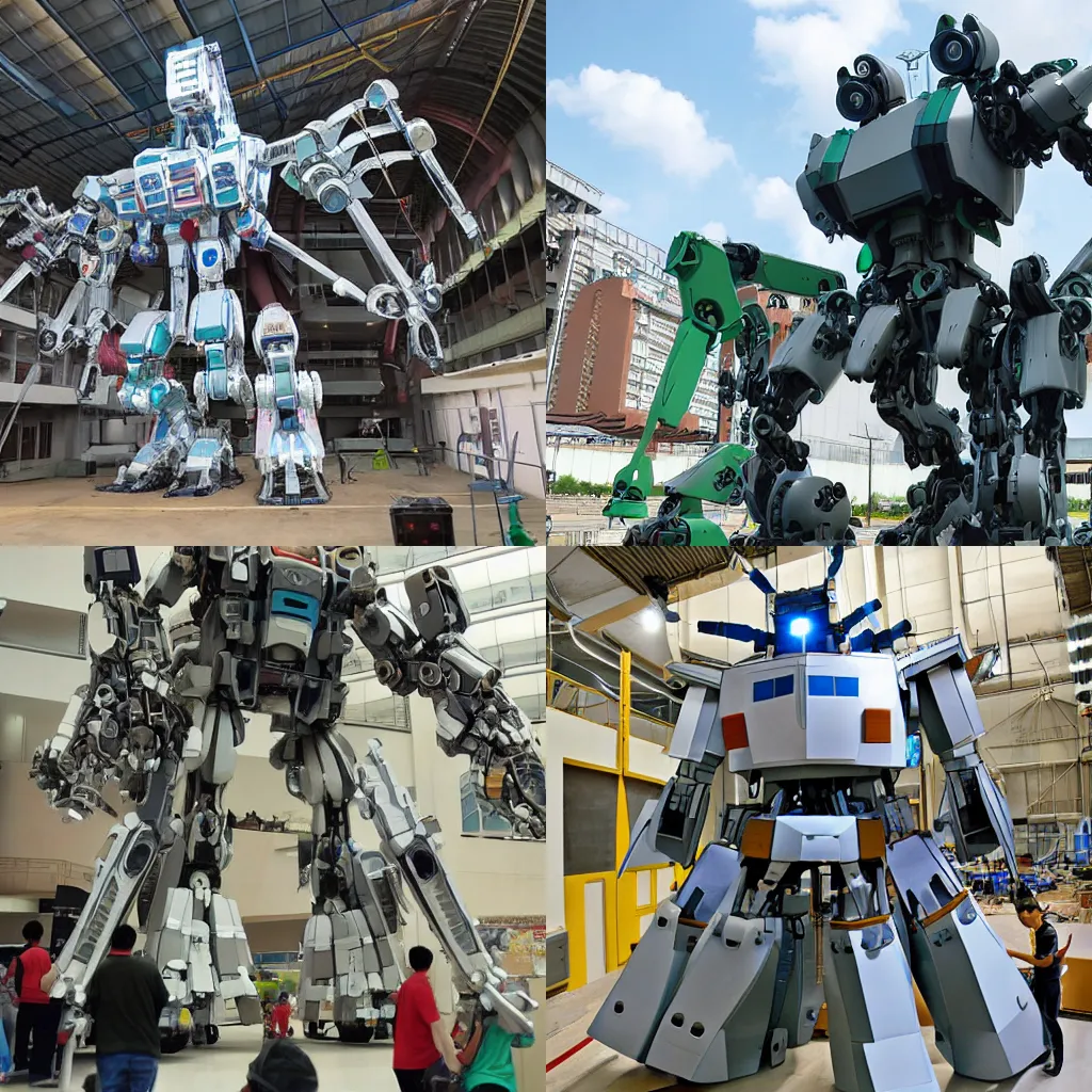 Prompt: engineers building a giant mecha art by Studio Ghibli