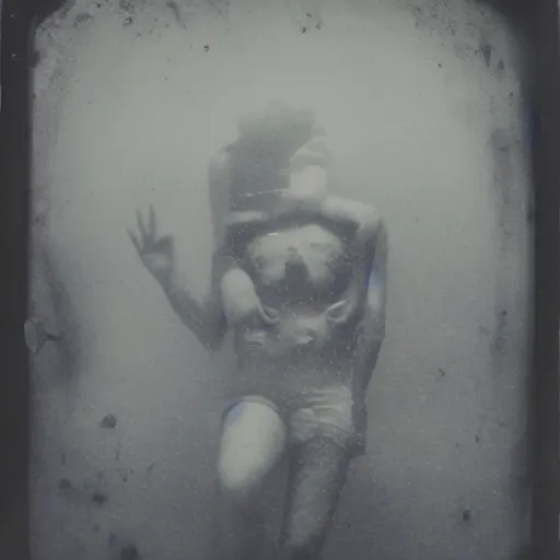 Prompt: tintype photo, swimming deep underwater, alien