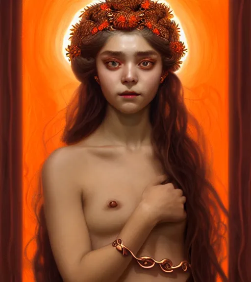 Image similar to portrait of teenage medusa, snake hair, naughty smile, wearing an embroidered orange tunic, intricate, sensual, sultry, elegant, copper and emerald jewelry, glowing lights, seductive, highly detailed, digital painting, artstation, concept art, smooth, sharp focus, illustration, art by wlop, mucha, artgerm, and greg rutkowski