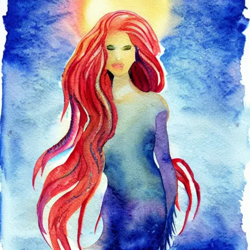 Image similar to a sunrise scene of a mermaid with hair that becomes an ocean wave, watercolor painting, professional, concept art