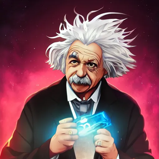 Image similar to portrait ofalbert einstein as a dark knight, anime fantasy illustration by tomoyuki yamasaki, kyoto studio, madhouse, ufotable, square enix, cinematic lighting, trending on artstation