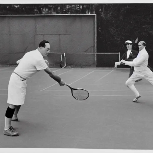 Image similar to Photograph of a tennis match between Winston Churchill and Adolf Hitler