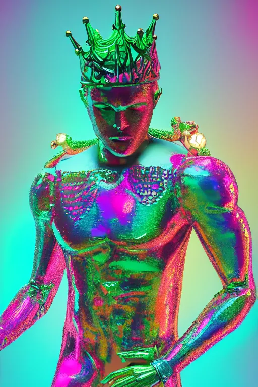 Image similar to hyper detailed ultra sharp fullbody photo of baroque and cyberpunk transparent neon ceramic sculpture of a muscular seductive muscular liam payne feeling muy cachondo, muy dotado, iridescent humanoid deity wearing teal plastic hooded cloak, holding a rainbow lizard gem, blue diamond, glowing pink face, crown of white diamonds, cinematic lighting, photorealistic, octane render 8 k