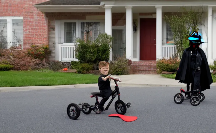 Prompt: Darth riding his tricycle in front of his home, 8k