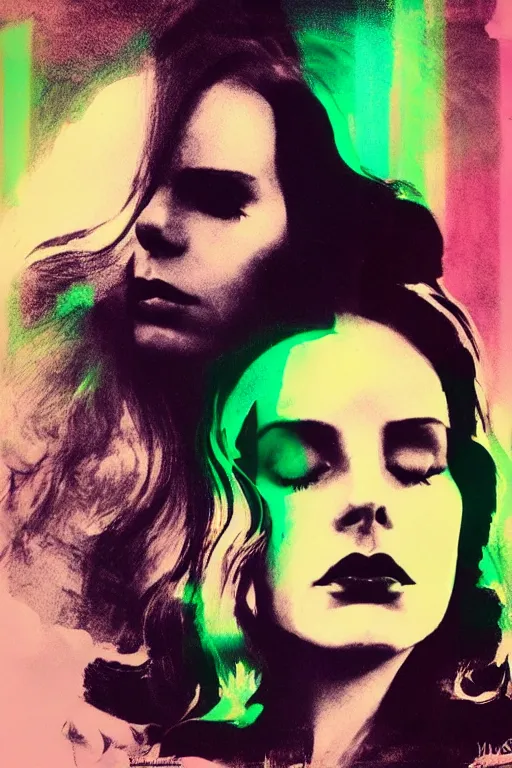 Prompt: Lana del rey kissing death sitting on the edge of the abyss, bottom up view, neon style, sharp blurry strokes