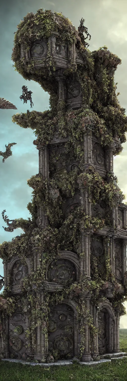 Image similar to ruined ancient lichen covered monument surrounded by biomechanical creatures,solarpunk , ultra realistic, hyper detailed, 8k, octane render