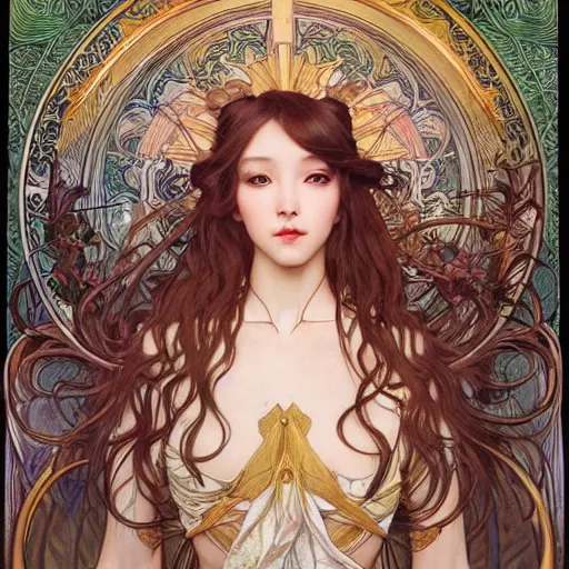 Prompt: frontal symmetrical portrait of angelababy eating a very big poly-poop by Alphonse Mucha, Ayami Kojima, Amano, Charlie Bowater, Karol Bak, Greg Hildebrandt, Jean Delville, and Donato Giancola, Art Nouveau, Neo-Gothic, gothic, rich deep colors