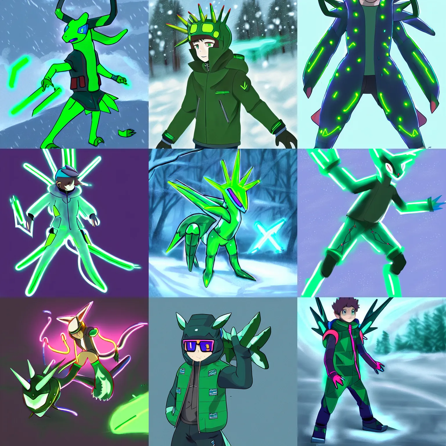 Prompt: a boy in winter clothing, trying to catch neon green dialga, concept art, digital art, detailed, anime, pokemon, 8 k hd