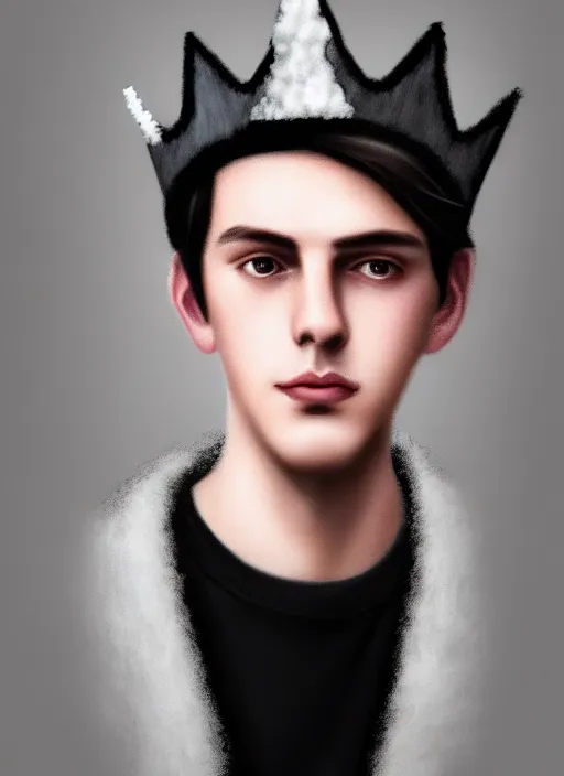 Image similar to portrait of teenage jughead jones wearing a light grey crown, photorealistic, crown made of fabric, crown, crown made of felt, black hair, intricate, elegant, highly detailed, digital painting, glowing lights, artstation, concept art, smooth, sharp focus, illustration, art by wlop, mars ravelo and greg rutkowski