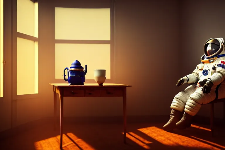 Image similar to a single cosmonaut in a spacesuit drinks a steaming cup of tea at an old wooden desk in a richly decorated Victorian house. the autumn light comes in through a window and dimly illuminates the room, diffuse light, octane render,