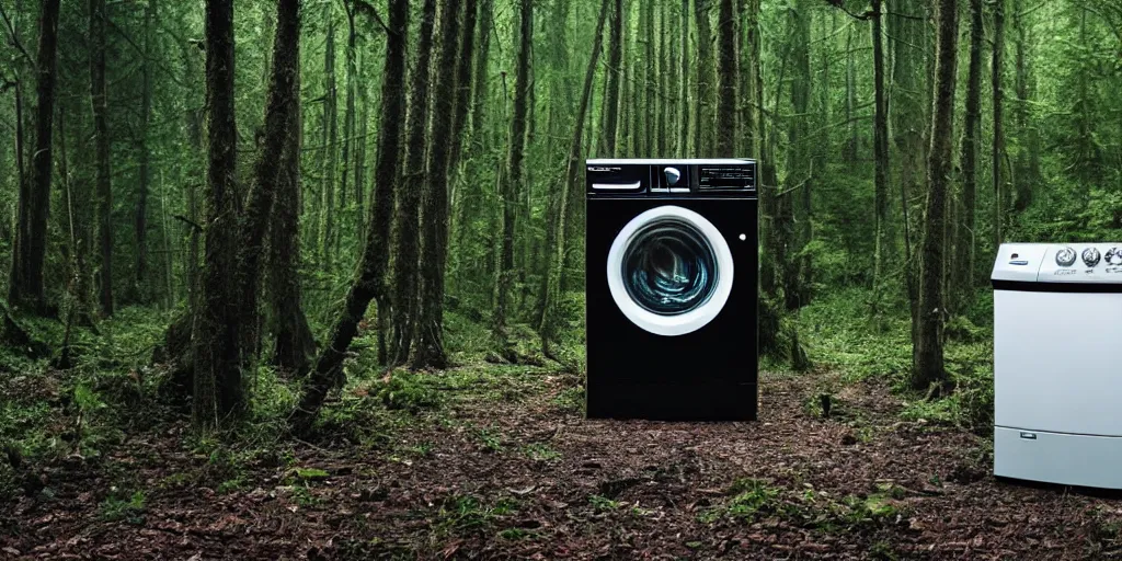 Prompt: washing machine in a forest shot by david fincher