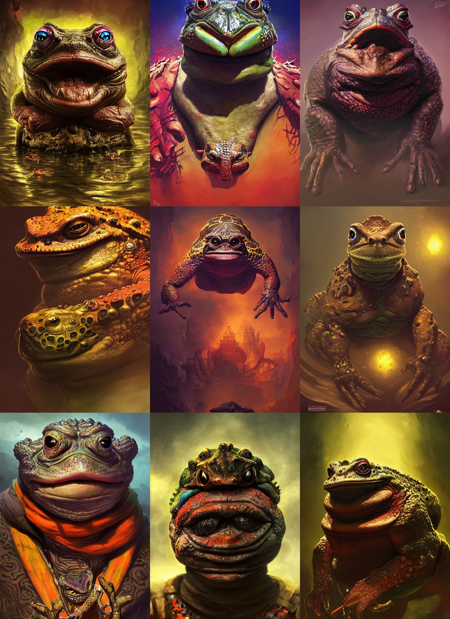 Prompt: aztec toad , vivid colors, dark shadows, contrast, concept art, sharp focus, digital art, Hyper-realistic, 4K, Unreal Engine, Highly Detailed, Dramatic Lighting, Beautiful, by Brom, bastien lecouffe-deharme