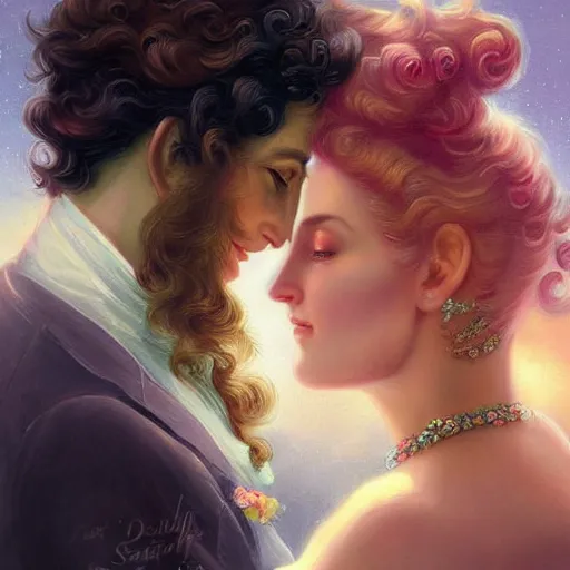 Prompt: A vintage rococo painting Charlie Bowater and Gabrielle Ragusi by Salvador Dalle Lisa Frank :: He always knew she was the one :: dapper man handsome with beautiful hair and brown eyes, a smile to take your breath away. Cute and mine from the first meeting until the end of time :: hd - H 960