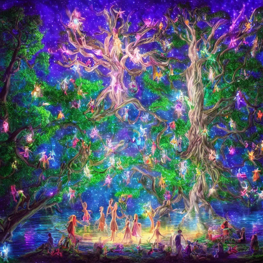 Image similar to a night carnival fairies around a magical tree next to a lake with iridiscent water, christmas lights, volumetric lightning, creatures and fantastic people disguised as fantastic creatures in a magical forest by summer night, masterpieceunderwater scene, masterpiece painted by kelton nelson, scene by night