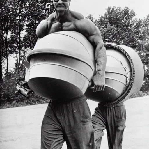 Image similar to a muscular bald man carrying two turbine engines on his back