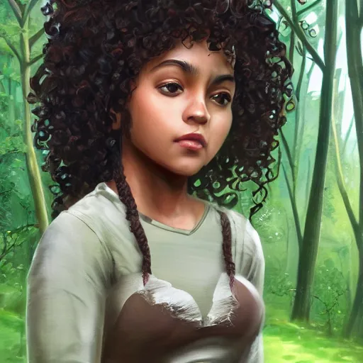 Image similar to A brown girl with black curly hair in a forest, highly detailed, artstation, 8k,