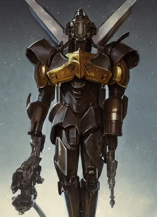 Image similar to medium-length portrait of a male paladin with short curly hair and a dark beard, dark brown skin, happy expression, wears a suit of power armor, gundam, buster sword, medieval setting, highly detailed, digital painting, artstation, concept art, sharp focus, illustration, art by greg rutkowski and alphonse mucha