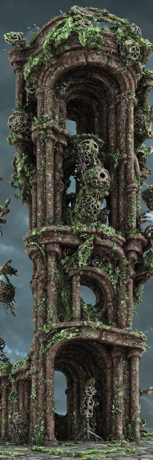 Image similar to ruined ancient lichen covered monument surrounded by biomechanical creatures,solarpunk , ultra realistic, hyper detailed, 8k, octane render