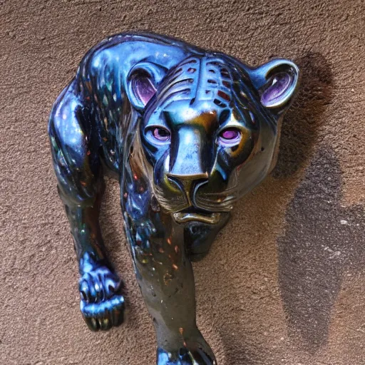 Image similar to Bronze Jaguar sculpture with glowing purple eyes