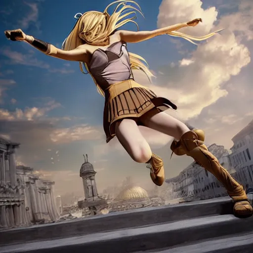 Image similar to blonde - haired princess, anime princess, wearing skinsuit, action pose, parkour, plaza, greco - roman pillars, golden hour, partly cloudy sky, sepia sun, strong lighting, strong shadows, vivid hues, ultra - realistic, sharp details, subsurface scattering, intricate details, hd anime, 2 0 1 9 anime