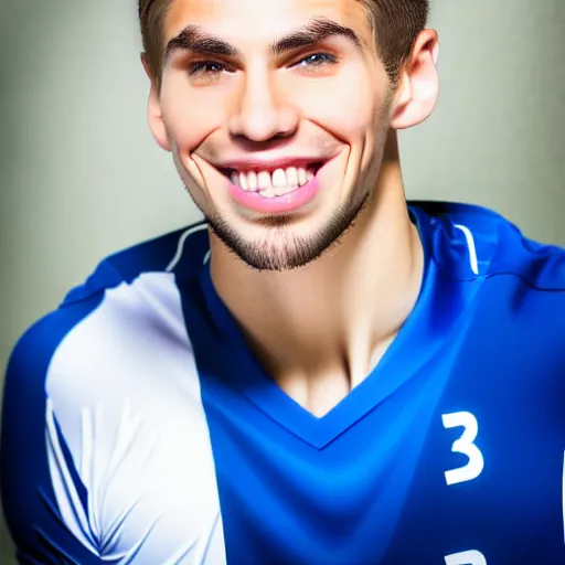 Prompt: a photographic portrait of a young Caucasian man smiling with short brown hair that sticks up in the front, blue eyes, groomed eyebrows, tapered hairline, sharp jawline, wearing a volleyball jersey, sigma 85mm f/1.4, 15mm, 35mm, 4k, high resolution, 4k, 8k, hd, highly detailed, full color, Kodak Kodachrome Film