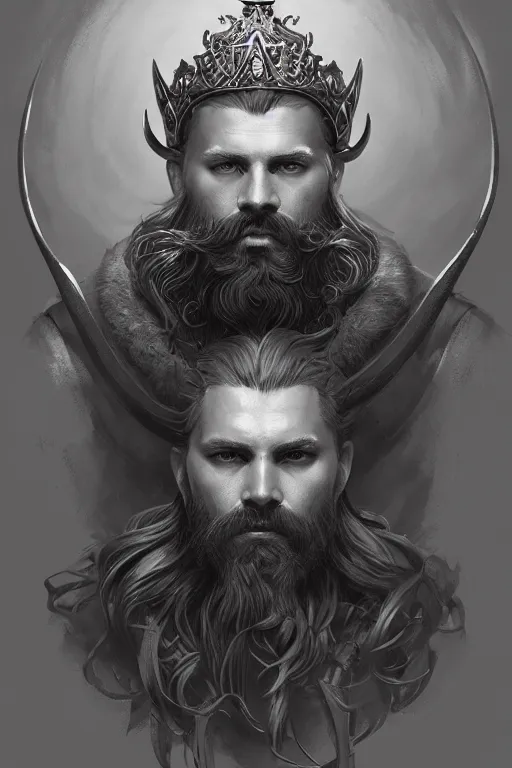 Prompt: highly detailed portrait of an elegant viking king with a beard, ornate crown, beautiful symmetrical face, glowing skin, digital painting, artstation, concept art, smooth, clear focus, illustration, greg rutkowski, artgerm, global lighting, detailed and fantasy
