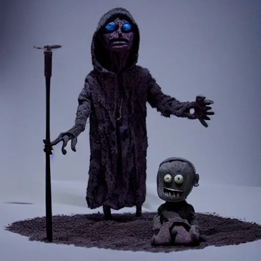 Image similar to the strange visitor, extremely detailed claymation art, extremely realistic, dark, moody, foggy