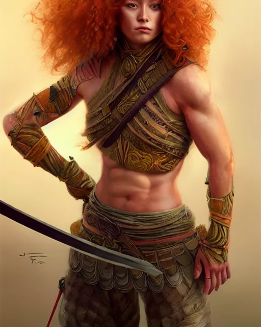 Prompt: female warrior with katana wearing patterned halter top, perfect face, ginger hair, abs, cinematic, stunning, cute, adorable, athletic, strong, agile, highly detailed, psychedelic, digital painting, artstation, smooth, hard focus, illustration, art by jessica rossier and and brian froud