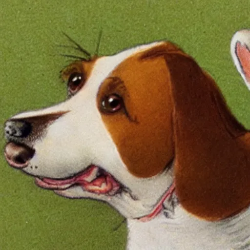 Image similar to closeup portrait of a happy jack russel terrier jumping, illustrated by peggy fortnum and beatrix potter and sir john tenniel