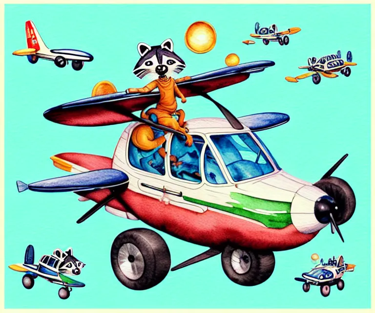 Image similar to cute and funny, racoon riding in a tiny airplane with oversized engines, ratfink style by ed roth, centered award winning watercolor pen illustration, isometric illustration by chihiro iwasaki, edited by range murata, tiny details by artgerm and watercolor girl, symmetrically isometrically centered