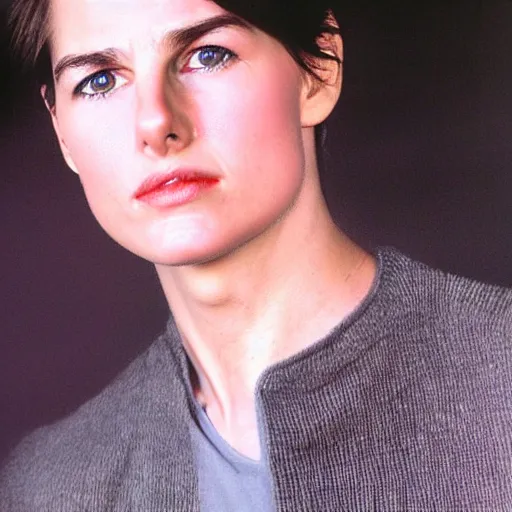 Image similar to a portrait photo of 20 year old female tom cruise, with a sad expression, looking forward