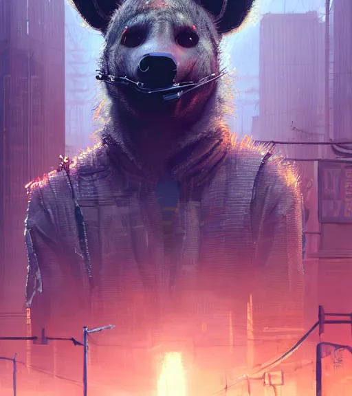 Image similar to new york city portrait of furry anthro anthropomorphic spotted hyena head animal person fursona wearing clothes strange cybernetic muzzle gloomy rainy screenshot from the video game cyberpunk 2077 digital art by Greg Rutkowski, Simon Stalenhag, christopher nolan trending on Artstation, CGSociety