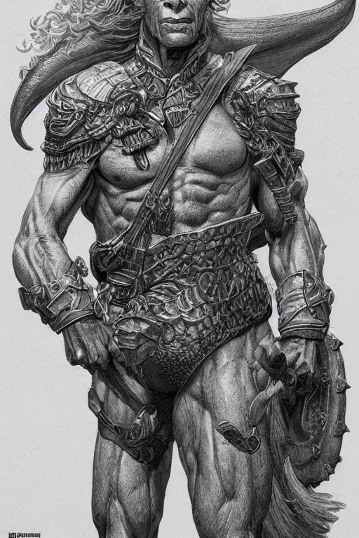Prompt: Portrait of a male dnd centaur, intricate drawing, by Clyde Caldwell, artstation, moebius comic, hyper detailed, cinematic