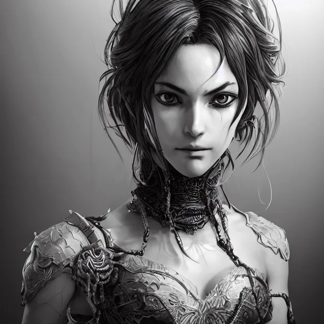 Image similar to the portrait of neutral evil fallen female dark knight vagabond as absurdly beautiful, gorgeous, sophisticated, young gravure idol, an ultrafine hyperdetailed illustration by kim jung gi, irakli nadar, intricate linework, bright colors, octopath traveler, final fantasy, unreal engine 5 highly rendered, global illumination, radiant light, detailed and intricate environment