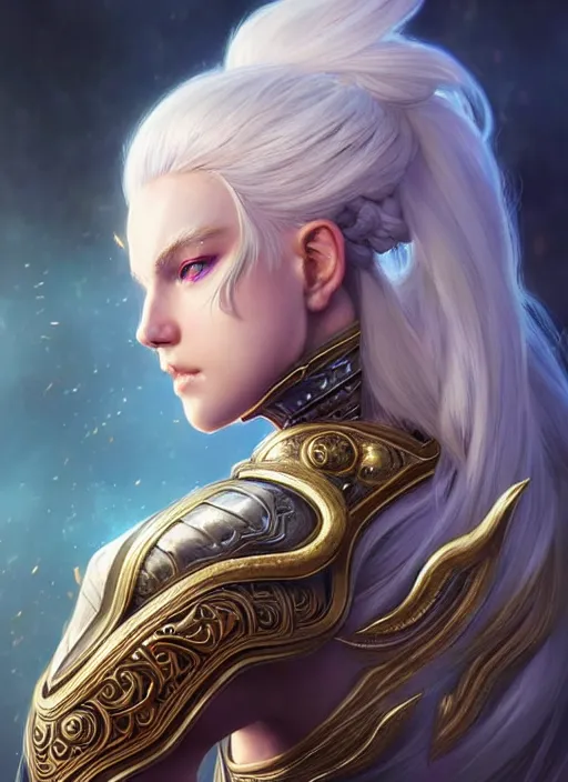 Image similar to warrior, intricate ornate opal heavy armor!!! beautiful and athletic white hair female!! gorgeous face and eyes!! character concept art, sharp focus, octane render! unreal engine 5! highly rendered!! trending on artstation!! detailed linework!! illustration by artgerm, wlop, and chie yoshii