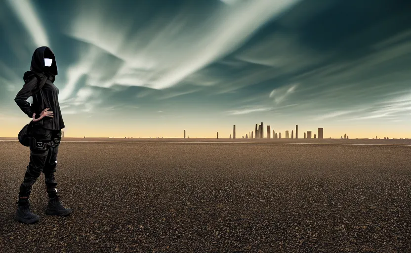 Prompt: photograph of a techwear woman alone, on a desert road with a futuristic city in the horizon, one point perspective, long exposure, 1-point perspective, tilt shift, sigma 85mm f/1.4, 4k, depth of field, high resolution, 4k, 8k, hd, full color