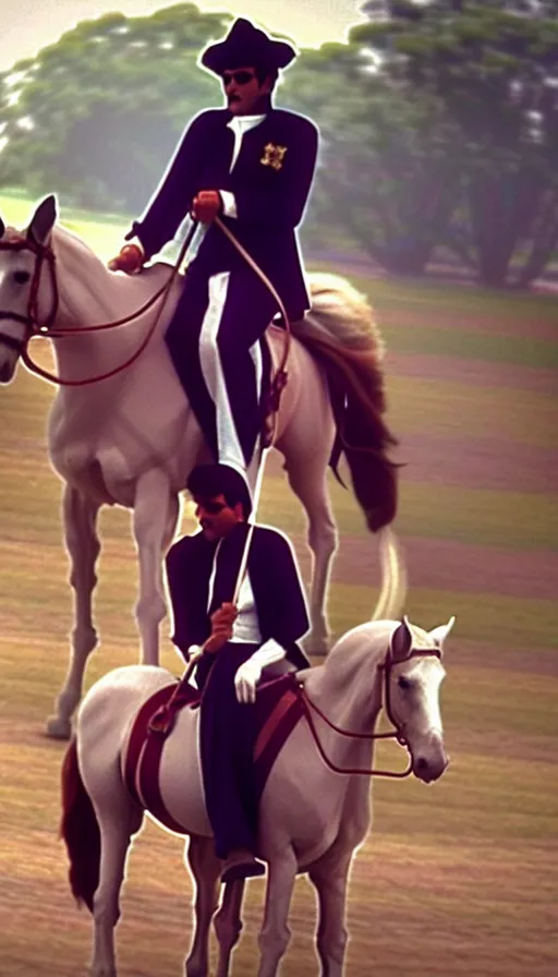 Image similar to elvis on horseback, screenshot from bollywood muscial,, realistic colour palette by