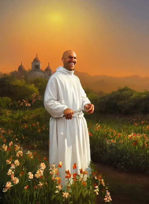 Image similar to oil painting portrait of a happy joyful rejoicing smiling tonsured dominican monk in a white habit, standing in a flourishing garden at sunset with a monastery in the background, hazy, digital art, chiaroscuro, artstation, cinematic, golden hour, digital art painting by greg rutkowski, hazy atmosphere, flowers, cinematic lighting