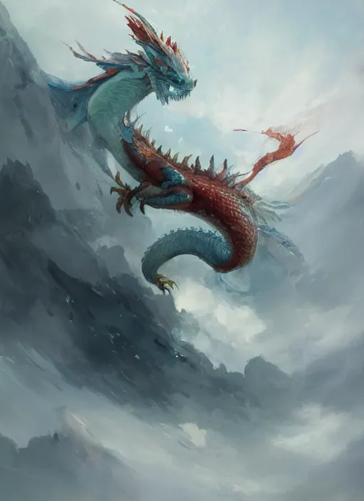 Prompt: semi reallistic painting, by yoshitaka amano, by ruan jia, by Conrad roset, by dofus online artists, detailed 3d render of traditional dragon coming out of the clouds, portrait, cgsociety, artstation, Digital reality, drawn