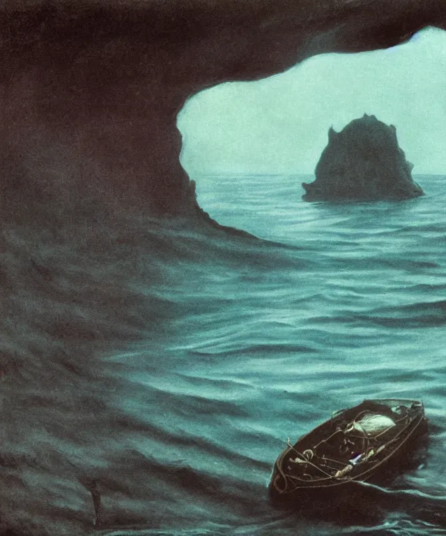 Image similar to ultra realistic color photo of a 1 9 2 5 seiner sailing with the jamaican shoreline with the mouth of a sea cave at the waterline, dark, painted, brooding, atmospheric, seascape, lovecraft, horror, smooth, epic, highly detailed, cinematic, annie lebowitz