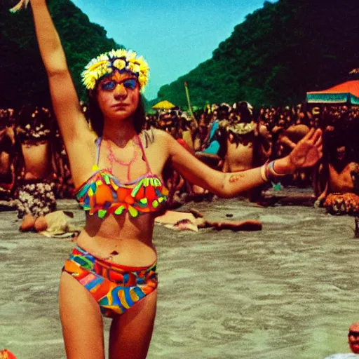 Image similar to expired fuji film photograph portrait of retro psychedelic hippy bikini queen dancing in arambol at shiva valley from 1 9 8 0, hyperrealism, photorealism, imax quality, 8 k