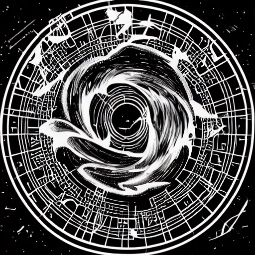 Prompt: tattoo png logo of black hole rising above city, city destroyed by shockwave, black hole with accretion disс, digital art, vector logo, sticker, black and white, art by stefan koidl, brock hofer, marc simonetti