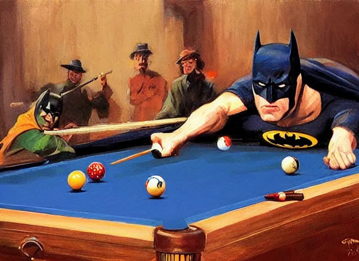 Prompt: a highly detailed beautiful portrait of batman playing pool, by gregory manchess, james gurney, james jean