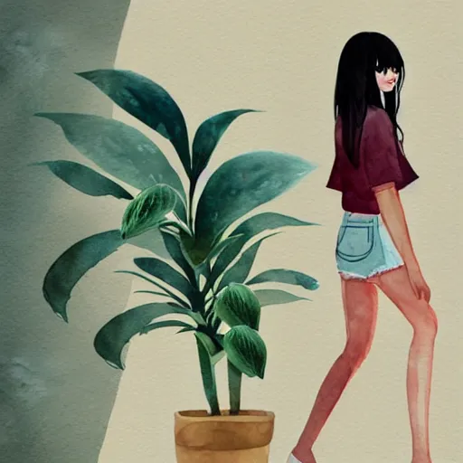 Prompt: a room full of beautiful house plants and a pretty woman with pale skin, long black hair with bangs, wearing shorts and t shirt, walking happily, abstract, golden light, beautiful watercolor art trending on artstation